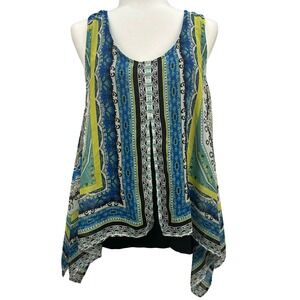 I.N. Studio Womens XL Paisley Bohemian Handkerchief Hem Layered Top Blue Green‎